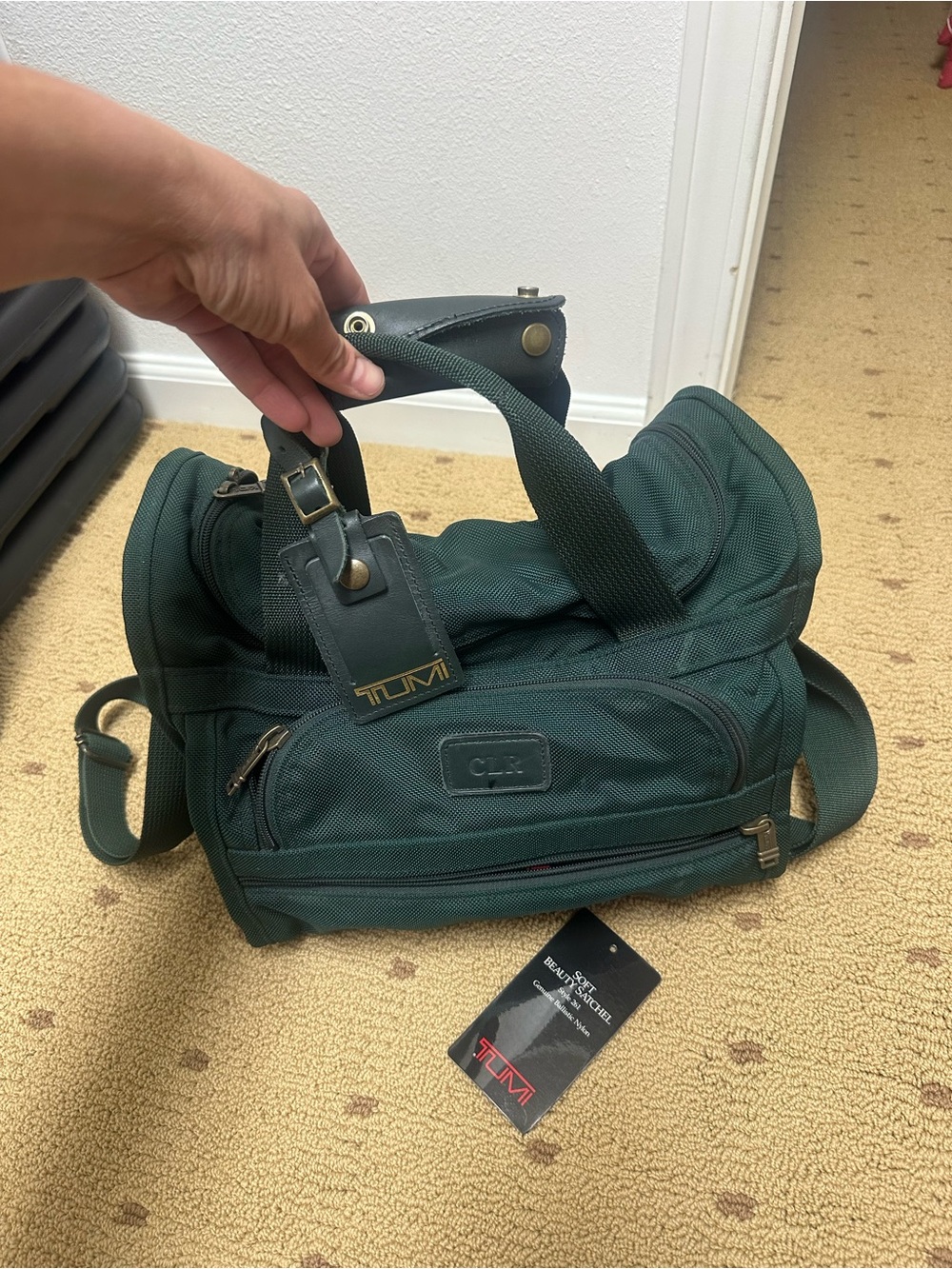 Tumi Forest Green Duffel Bag with Leather Trim